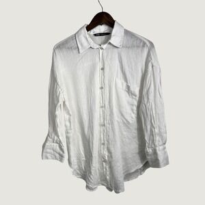 Zara Women White 100% Linen Button Down Shirt Oversized Long Sleeve XS